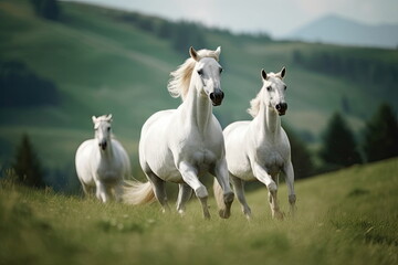 Obraz premium horses running on green meadow with nice landscape