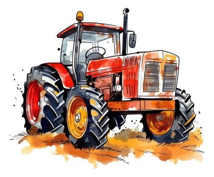 Fototapeta Watercolor red tractor isolated illustration. Generative AI.