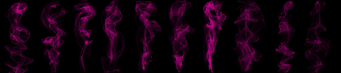 Collection of Abstract pink puffs of smoke swirl overlay on black background pollution. Royalty high-quality free stock image smoke overlays on black backgrounds. Pink smoke swirls fragments