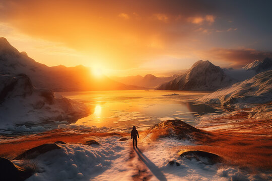 Hikers overlooking an arctic iceberg and glacier panorama with mountains in the background at sunset