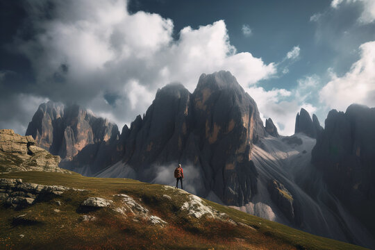 Lone hiker standing in front of a panorama in the mountains
