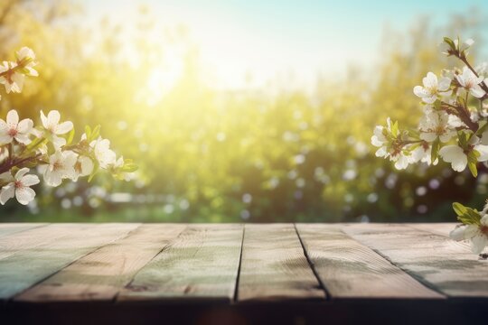 Spring wooden table background. Generate Ai