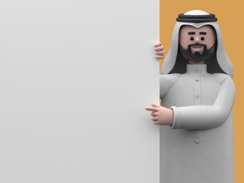 3D illustration of smiling Arab man Hadi pointing finger at blank presentation or information board. Close up portrait of cute cartoon smiling businessman with advertising placard.
