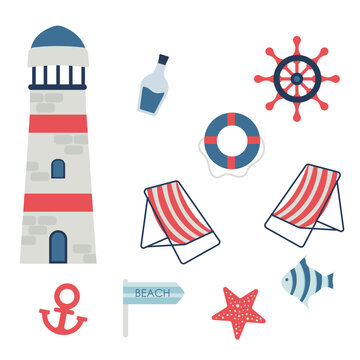 Set of sea and ocean attributes for recreation and adventure. Flat vector illustration