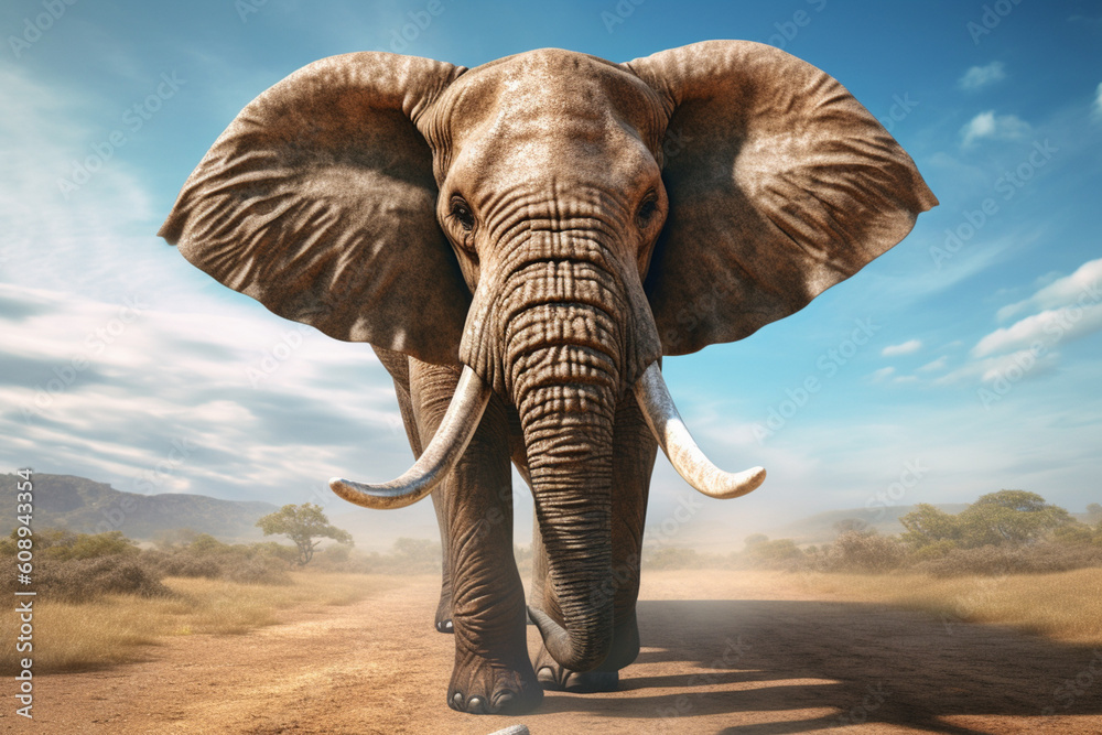 Poster a captivating image of an elephant, highlighting its massive size, wrinkled skin, and impressive tus