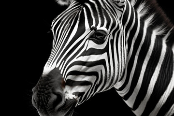 Fototapeta na wymiar A black and white photograph of a zebra, emphasizing its unique striped pattern and graceful stature. Generative AI technology.