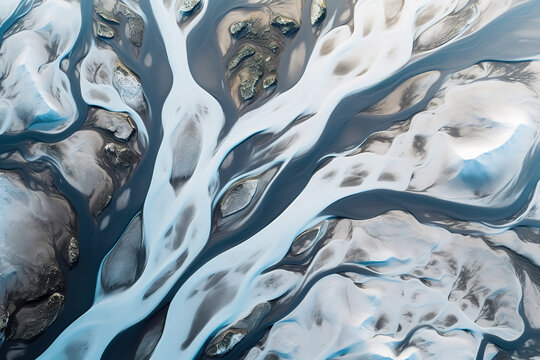 Fototapeta Aerial Photograph of a Glacial River Delta in Iceland with many meandering branches and veins