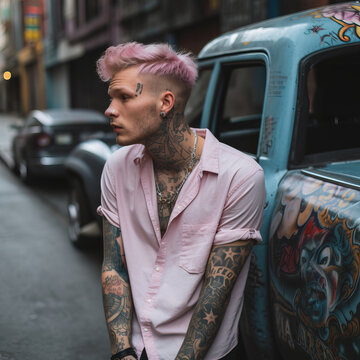portrait of a tattooed person with pink hair  in the street