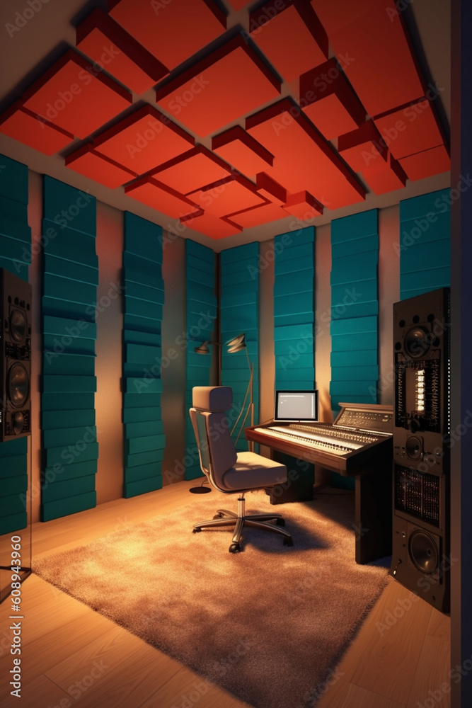 Poster  A soundproof recording studio with acoustic panels and professional equipment, symbolizing the importance of capturing pristine sound quality.  Generative AI technology.