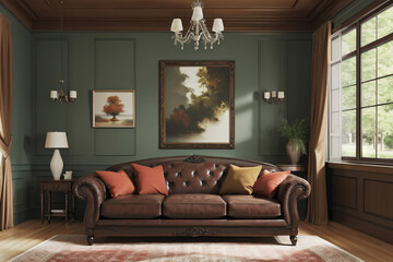 interior with brown leather sofa 3d render illustration mock up generative AI