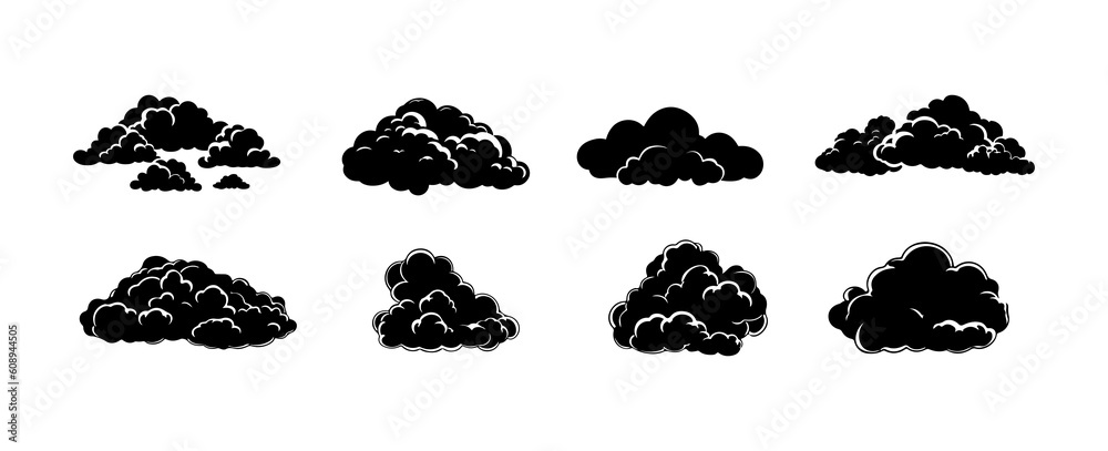 Wall mural set of clouds silhouette isolated on white background. graphic weather sky cloud collection. vector 