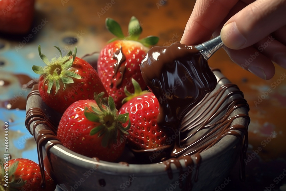 Poster a confectioner hand-dipping strawberries into melted chocolate, capturing the process of creating el