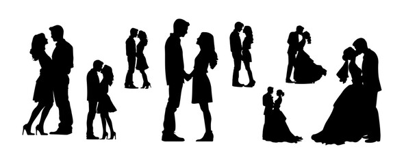 Wedding couple silhouette collection. Bride dress and husband black graphic design set isolated on white background. Vector illustration