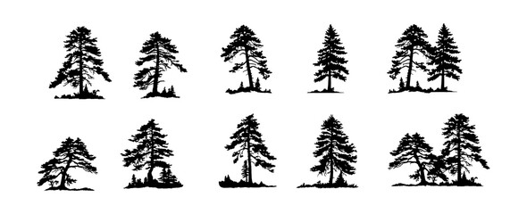 Set of trees silhouette vector isolated on white background. Forest nature elements illustration