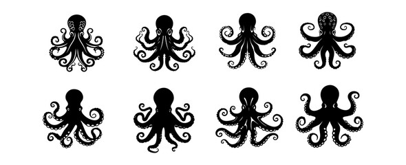 Octopus sea animal silhouette set isolated on white background. Underwater marine octopus graphic elements. Vector illustration © abcvector