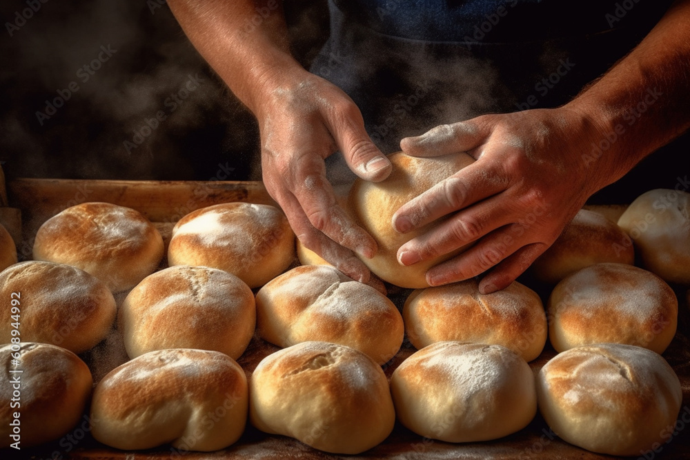 Poster a close-up photograph of a baker's hands meticulously forming dough into individual bread rolls, sho
