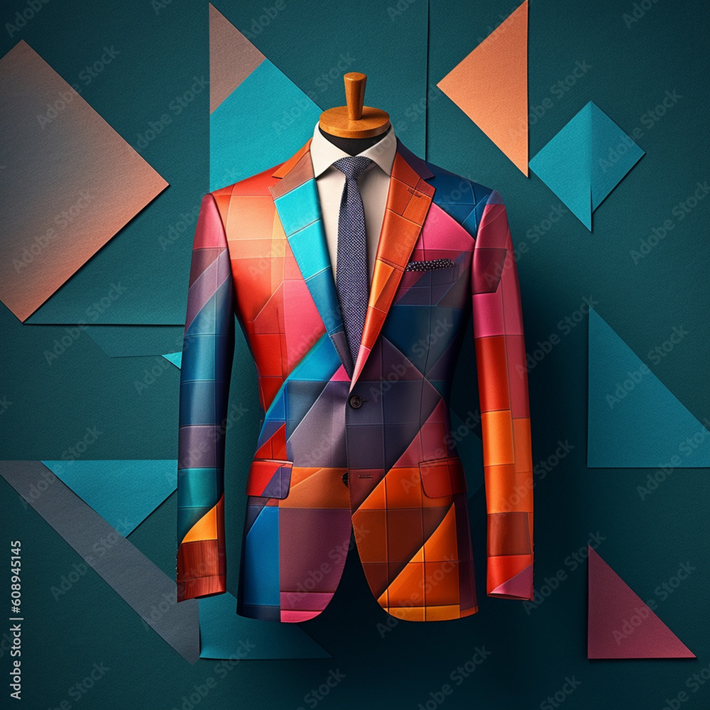 Aufkleber  An artistic representation of a gentleman's tailored suit using geometric elements, with sharply defined angles and color-blocking techniques,  Generative AI technology.