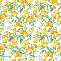 Watercolor lemon seamless pattern. Ripe citruses on branches, foliage and flowers on a white background. Tropical summer design for fabric, wallpaper, packaging, menu.