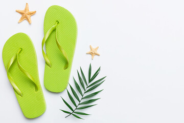 Flat lay composition with flip flops and seashell on colored background. Space for text top view