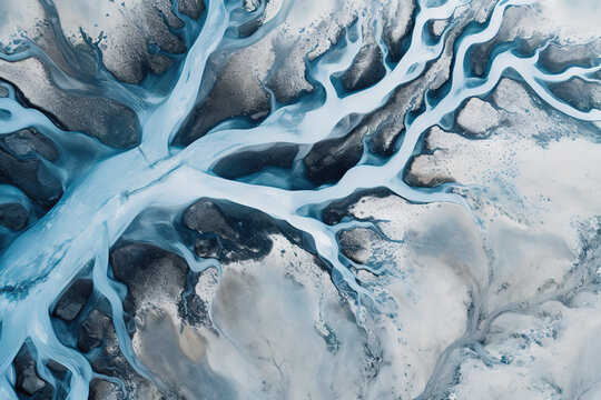 Aerial Photograph of a Glacial River Delta in Iceland with many meandering branches and veins