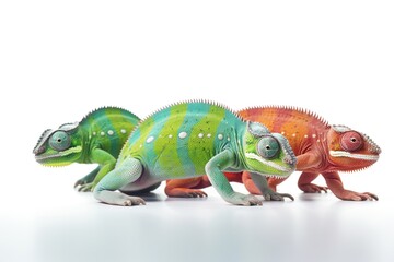 three chameleons on a white background. a species of lizard. generative ai,