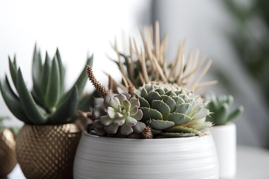 minimalist and bright still life with succulent flowers and vases created with generative AI technology