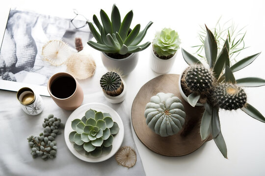 minimalist and bright still life with succulent flowers and vases created with generative AI technology