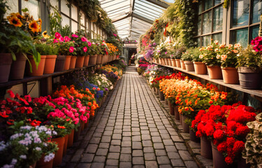 Fototapeta na wymiar a walkway lined with colourful flowers in a garden store