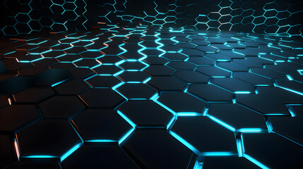 Fototapeta premium Dark navy blue hexagon geometric pattern, blue and orange light, 3d polygon, innovation, cyberspace, internet, hi-tech futuristic abstract technology background. Generative AI
