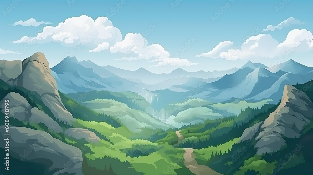 Wall mural Abstract background view of the valley. The breathtaking beauty of the valley through a captivating illustration in a banner design. Generative AI. - Wall murals