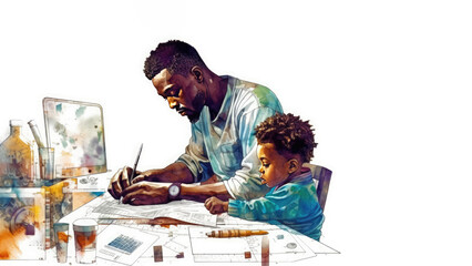 Fototapeta na wymiar African american father and son playing together over a desk, illustration, animation style, watercolor