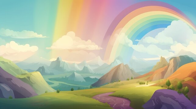 Abstract background view of the valley. A banner design with an abstract background featuring a beautifully illustrated view of the valley with a rainbow. Generative AI.