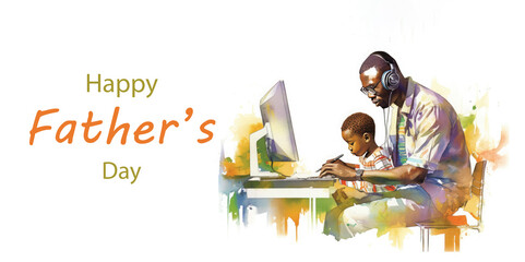 African american father and son playing together over a desk, illustration, animation style, watercolor