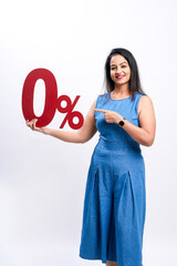 Indian woman showing zero percent sign board on white background.