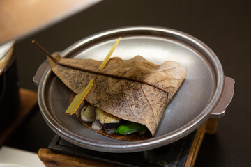 Hida Miso grill on Oba Leaf. Traditional HidaJapanese dining menu.