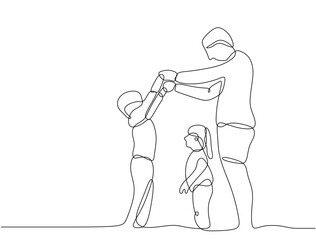 Continuous one line drawing. Happy family with father and his boy and girl children. Parents father day Vector illustration isolated on white background.