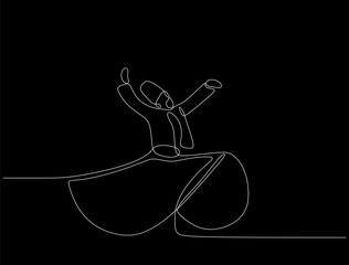 Continuous one line drawing of sufi dancer vector illustration. Traditional Sema dancing minimalist design. One hand drawn Islamic traditional whirling dervish.
