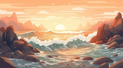 Background stony beach and sunset. A breathtaking sunset transforms a stony beach into a stunning illustration in banner design with an abstract background. Generative AI.