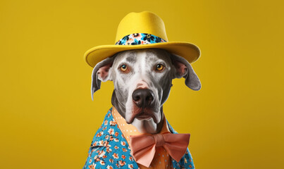 Great Dane wearing a vibrant clothes and hat stands against a backdrop in studio setting.