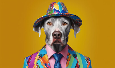 Great Dane wearing a vibrant clothes and hat stands against a backdrop in studio setting. - Powered by Adobe