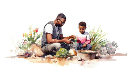 African american father and son gardening together. Fathers day concept.