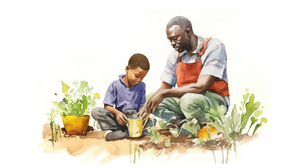African american father and son gardening together, illustration, animation style, watercolor