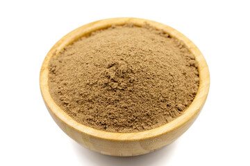 Allspice spice powder isolated on white background. Powdered dried allspice in wooden bowl. Pimento...