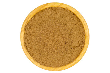 Allspice spice powder isolated on white background. Powdered dried allspice in wooden bowl. Pimento spice, Jamaican pepper and shavings. Top view