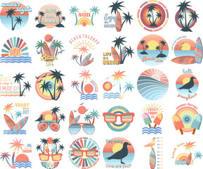 Summer holidays illustrations set; retro summer vacation, surfing, beach, sunset, ocean waves, palm trees elements and symbols, vector icons set