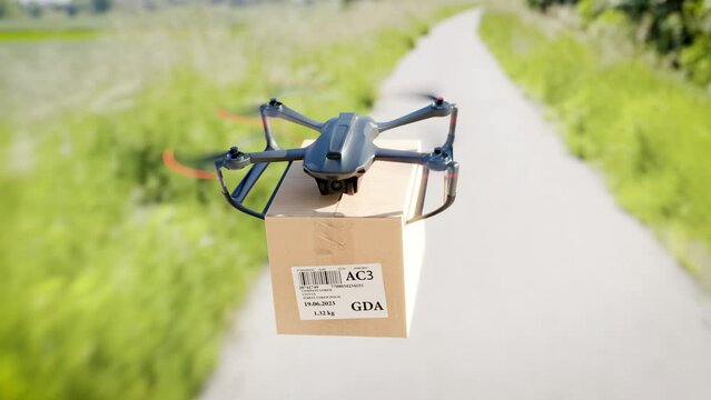 Drone delivery concept – aerial 3D render of a flying package over road, modern unmanned shipping technology