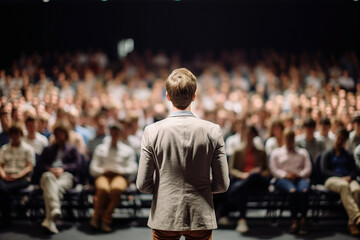 A man in a beige business suit is giving a speech on stage during a seminar. A lot of people in the blurred background. Shot from his back.