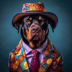 Rottweiler wearing a vibrant clothes and hat stands against a backdrop in studio setting...