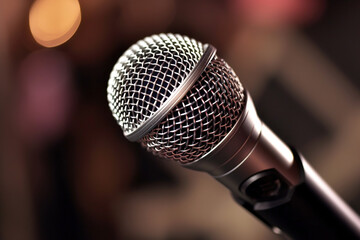 Close-up image of a microphone with the crowd in the seats in the blurry background at the business conference.