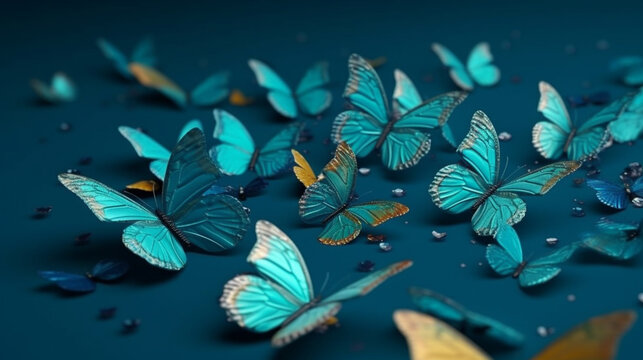 Blue butterflies on a blue background.generative ai